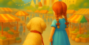 a little girl and dog at a farmer's market