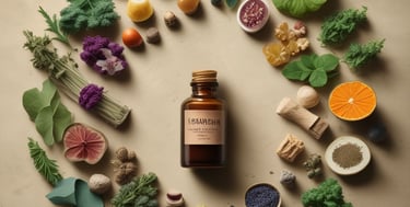 Various wellness and beauty products, including oils in bottles, a bowl of oil, dried flowers, crystals, a smudge stick, and a small dish of cream, are arranged aesthetically on a light surface. The scene is decorated with colorful flowers and herbs.
