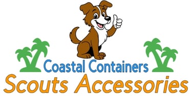 Logo for Scout's Accessories from Coastal Containers, featuring Scout the dog giving a thumbs up.