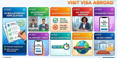 nfographic showing 8 visual marketing templates for Visit Visa Abroad, detailing services like bulle