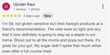Positive 5-star Google review for Aarog gluten-free rotis praising gut health and blood sugar stability.