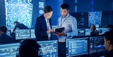 Two IT professionals using a tablet to monitor data in a modern network security operations center.
