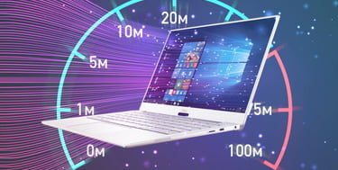 A white Dell XPS laptop displayed over a colorful internet speed test gauge showing high performance.