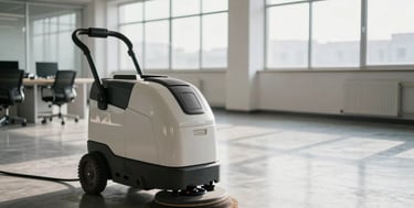 Wide shot of an empty office space being cleaned, industrial floor scrubber machine in the foreground, daylight from large windows, polished surface visible, no people