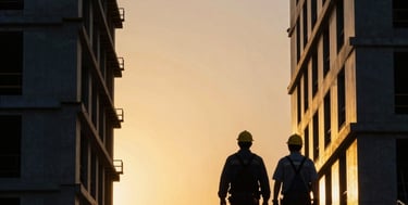 Two professional craftsmen in clean workwear walking side-by-side toward a dramatic warm golden sunset on a structured construction site, high-contrast silhouettes, 35mm