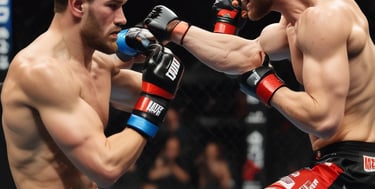 Energetic MMA training session with students sparring under expert supervision.