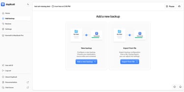 Interface inicial Duplicati backup