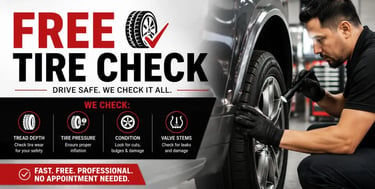 Professional free tire check service at Fast Tire Shop including tire pressure inspection, tread dep