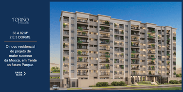Modern luxury apartment building facade in Mooca, featuring balcony greenery and 2 to 3 bedroom residential units.