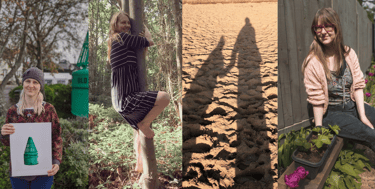 A photo collage of a woman enjoying nature, tree climbing, gardening, and holding artwork.