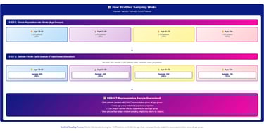 Stratified sampling process showing vaccine trial divided into age strata with proportional samples