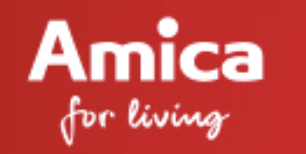 a red and white logo with the words amica for living