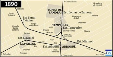 Temperley Llavallol mapa de la red ferroviaria 1890