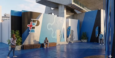 Modern outdoor pavilion with blue graphic walls, wooden benches, and people at a branded event space.
