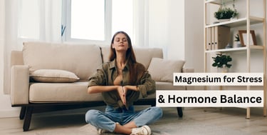 Woman sitting calmly and meditating at home, representing stress relief and hormone balance 