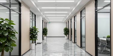 A professional cleaner in blue uniform polishing a shiny commercial floor under bright lighting.
