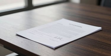 Close-up of a signed contract document resting on a sleek dark wood table, soft natural window light, minimalist corporate editorial, shallow depth of field
