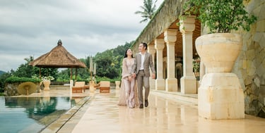 Luxury prewedding portrait along poolside corridor at Amankila Karangasem