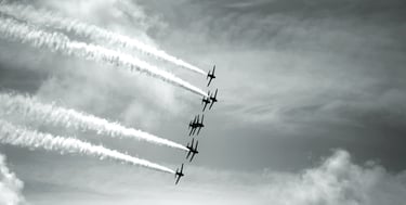 Black and white image of the Red Arrows at the Goodwood Festival of Speed