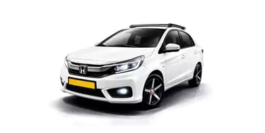 White Honda Amaze one way taxi by Saini taxi services with a luggage carrier rack