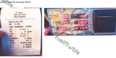 Jakarta emission test meter reading before FuelMarble installation showing CO and HC present in exhaust output.