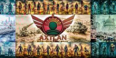 Axtlan video game concept art collage featuring futuristic soldiers in power armor and armored tanks.