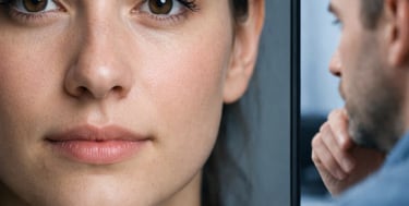 A man looking at a high-resolution screen showing a detailed close-up of a woman's face.