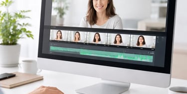 Professional video editing software on a desktop monitor showing a timeline and woman's vlog footage.