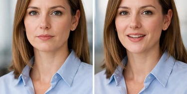 Professional woman in a blue button-down shirt shown in a side-by-side video player interface.