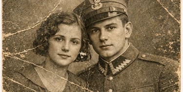 Vintage portrait of a young couple with a man in a Polish military uniform and cap.