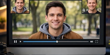 AI face swapping software in progress on a desktop monitor in a modern home office workspace.