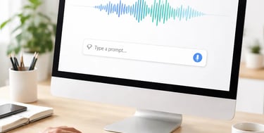 A person uses a desktop computer featuring an AI voice assistant interface with a colorful sound wave and search bar.