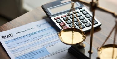 calculadora, balanza, documentos de la Dian