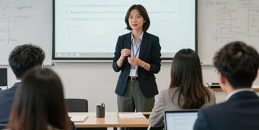 Elegant classroom setting with a teacher guiding a small group in Mandarin lessons, gold accents visible.