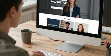 Man typing on a desktop computer keyboard viewing a professional website design on a monitor.