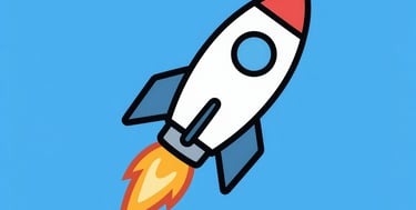 Flat cartoon rocket ship illustration launching with orange flames on a blue background.