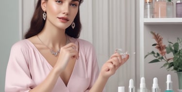 A neatly arranged collection of luxury skincare products placed inside an elegant white leather bag. The items are set against a backdrop of fashion magazines on a wooden surface, giving a sense of sophistication and style.