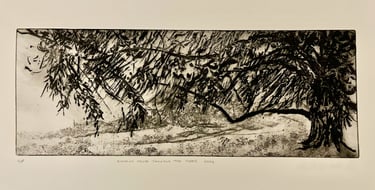 Dumfries House through the trees etching