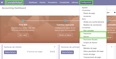 configuración de impuestos y diarios