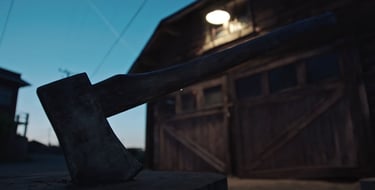 Axe in chopping block from the movie The Boy Behind The Door
