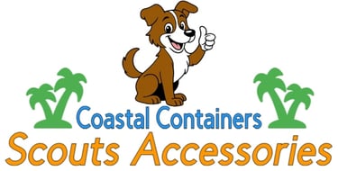 Logo for Scout's Accessories from Coastal Containers, featuring Scout the dog giving a thumbs up.