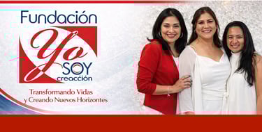 Three smiling women stand beside the Fundación Yo Soy Creacción logo for community empowerment.