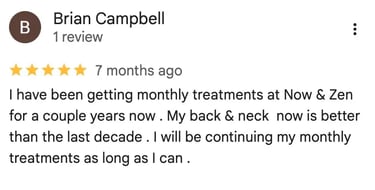 Brian C.'s back and neck are better than a decade ago with monthly chiropractic treatment.