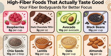 High fiber foods for brain focus including beans oats chia seeds and berries