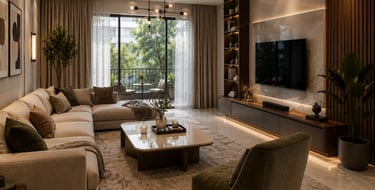 Modern luxury living room with a sectional sofa, marble TV wall, and balcony view.