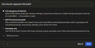 Lovable AI MVP selection screen used for building an application without coding.