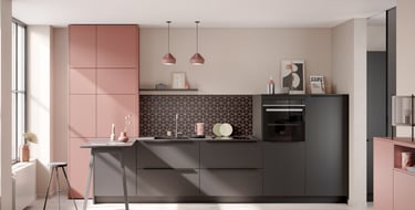 modern kitchen design with pink and black interiors
