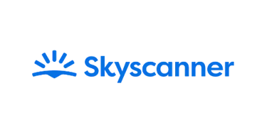 Skyscanner logo featuring blue text and a stylized sun icon on a black background.