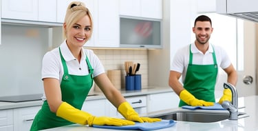 a man and woman cleaning a kitchen counter