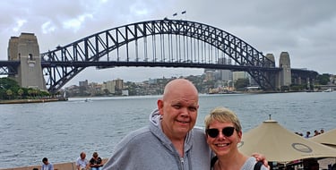 Lady and The Pirate in front of the Sydney Harbor Bridge in Australia